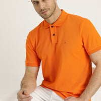 Orta Turuncu Polo Yaka Regular Fit Nakışlı Pamuk Tişört