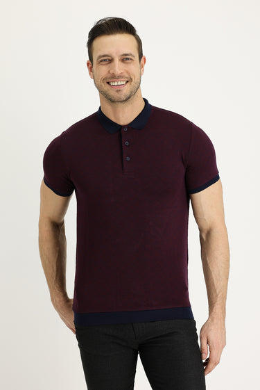 Açık Bordo Polo Yaka Slim Fit Dar Kesim Desenli Tişört