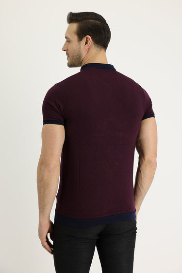 Açık Bordo Polo Yaka Slim Fit Dar Kesim Desenli Tişört