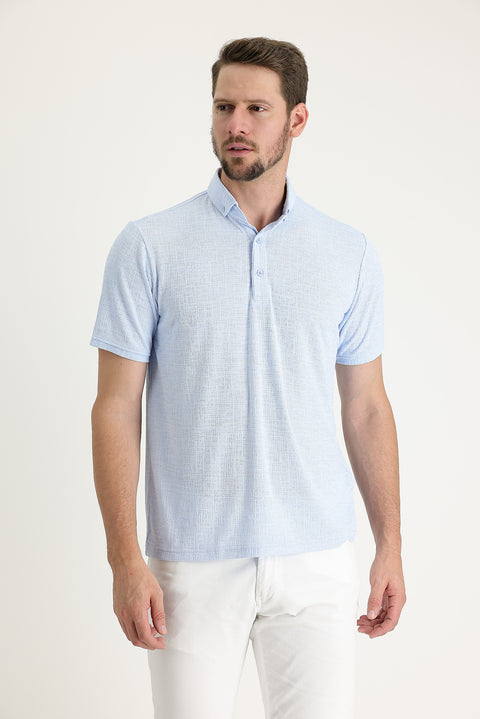 Blue Polo Collar Regular Fit Patterned T-shirt