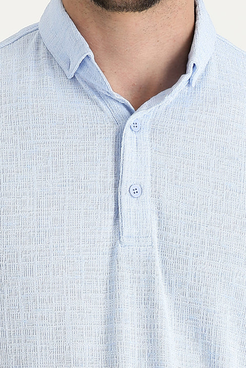 Blue Polo Collar Regular Fit Patterned T-shirt