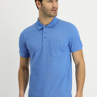 Aviator Blue Polo Collar Regular Fit Embroidered Cotton T-Shirt