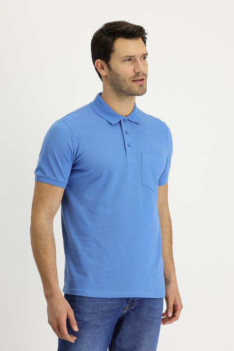 Aviator Blue Polo Collar Regular Fit Embroidered Cotton T-Shirt