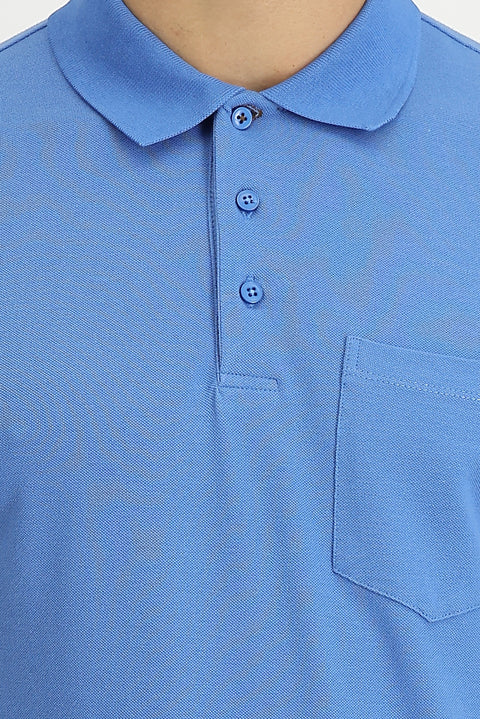 Aviator Blue Polo Collar Regular Fit Embroidered Cotton T-Shirt