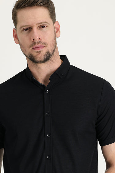 Siyah Polo Yaka Regular Fit Düğmeli Tişört