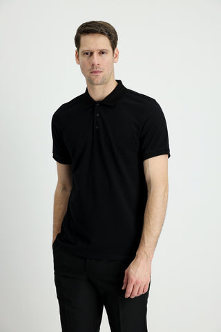 Siyah Polo Yaka Slim Fit Dar Kesim Nakışlı Pamuk Tişört