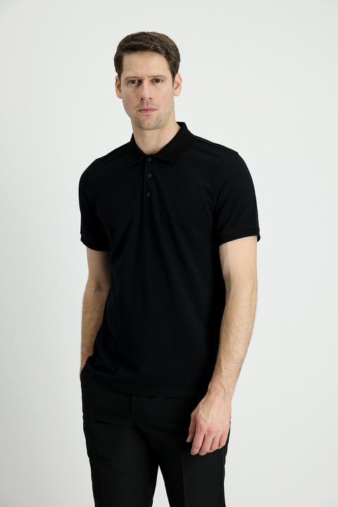 Siyah Polo Yaka Slim Fit Dar Kesim Nakışlı Pamuk Tişört