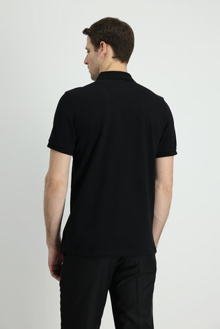 Siyah Polo Yaka Slim Fit Dar Kesim Nakışlı Pamuk Tişört