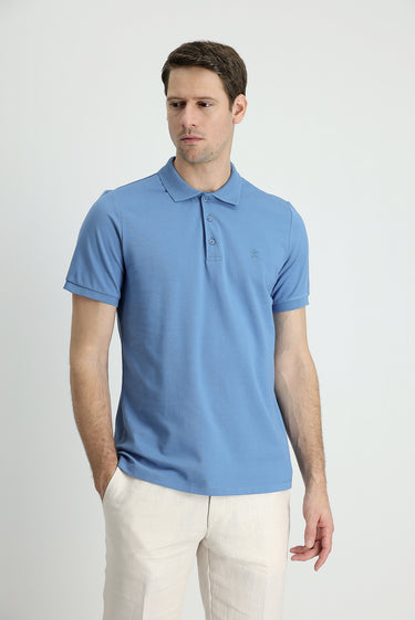 Koyu Havacı Polo Yaka Slim Fit Dar Kesim Nakışlı Pamuk Tişört