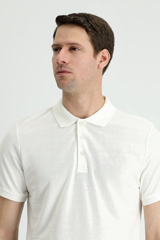 Beyaz Polo Yaka Slim Fit Dar Kesim Nakışlı Pamuk Tişört