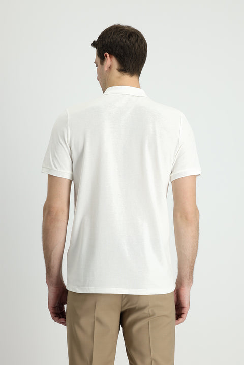 Beyaz Polo Yaka Slim Fit Dar Kesim Nakışlı Pamuk Tişört