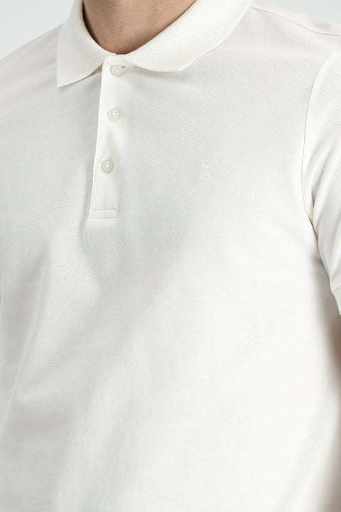 Beyaz Polo Yaka Slim Fit Dar Kesim Nakışlı Pamuk Tişört