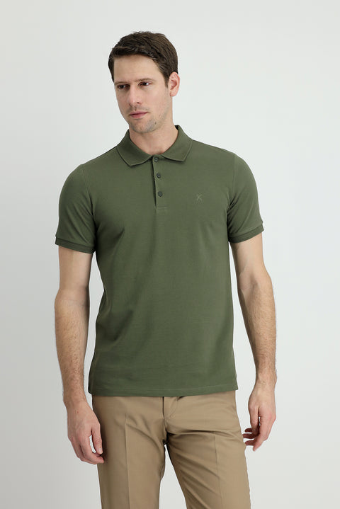 Medium Khaki Polo Collar Slim Fit Narrow Cut Embroidered Cotton T-Shirt