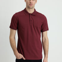 Dark Burgundy Polo Collar Slim Fit Embroidered Cotton T-Shirt