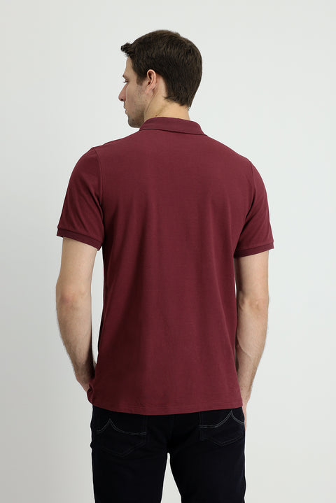 Dark Burgundy Polo Collar Slim Fit Embroidered Cotton T-Shirt