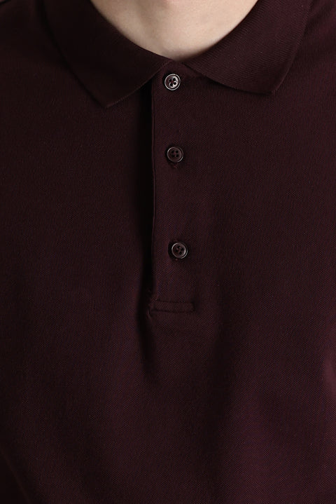Dark Burgundy Polo Collar Slim Fit Embroidered Cotton T-Shirt