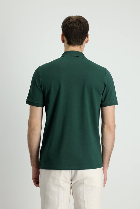 Koyu Yeşil Polo Yaka Slim Fit Dar Kesim Nakışlı Pamuk Tişört