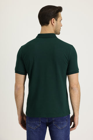 Koyu Yeşil Polo Yaka Slim Fit Dar Kesim Nakışlı Pamuk Tişört