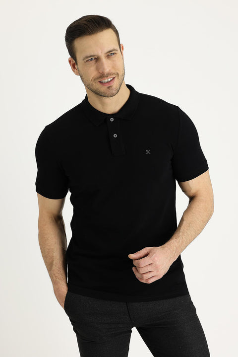 Siyah Polo Yaka Slim Fit Dar Kesim Nakışlı Pamuk Tişört