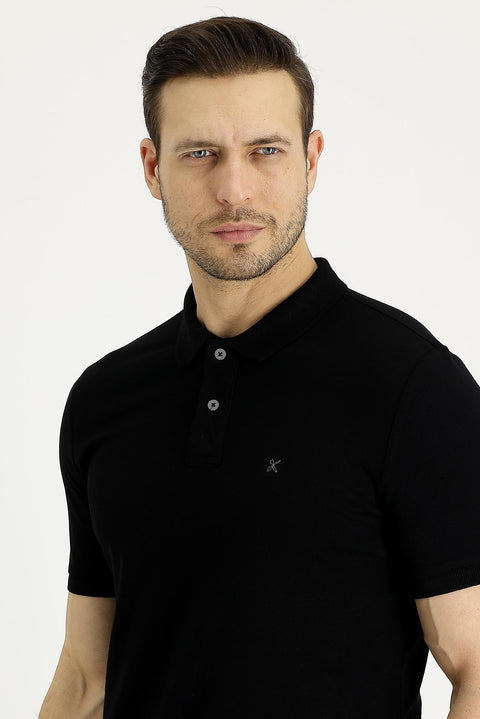 Siyah Polo Yaka Slim Fit Dar Kesim Nakışlı Pamuk Tişört