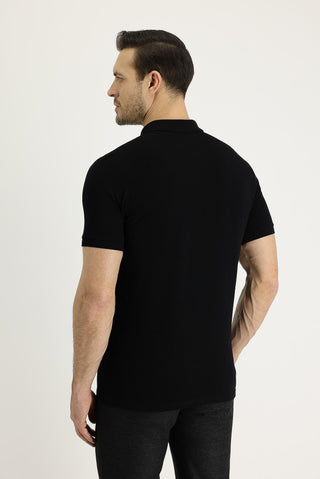 Siyah Polo Yaka Slim Fit Dar Kesim Nakışlı Pamuk Tişört