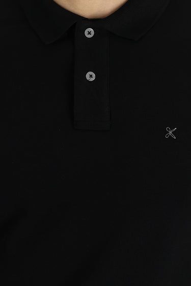 Siyah Polo Yaka Slim Fit Dar Kesim Nakışlı Pamuk Tişört