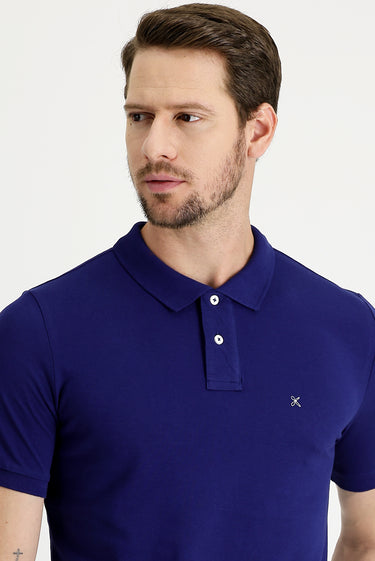 Orta Lacivert Polo Yaka Slim Fit Dar Kesim Nakışlı Pamuk Tişört