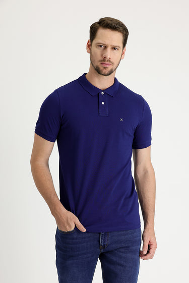Orta Lacivert Polo Yaka Slim Fit Dar Kesim Nakışlı Pamuk Tişört