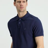 Koyu Lacivert Polo Yaka Slim Fit Dar Kesim Nakışlı Pamuk Tişört