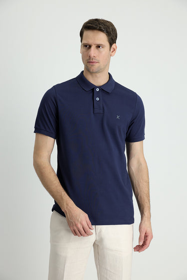 Koyu Lacivert Polo Yaka Slim Fit Dar Kesim Nakışlı Pamuk Tişört