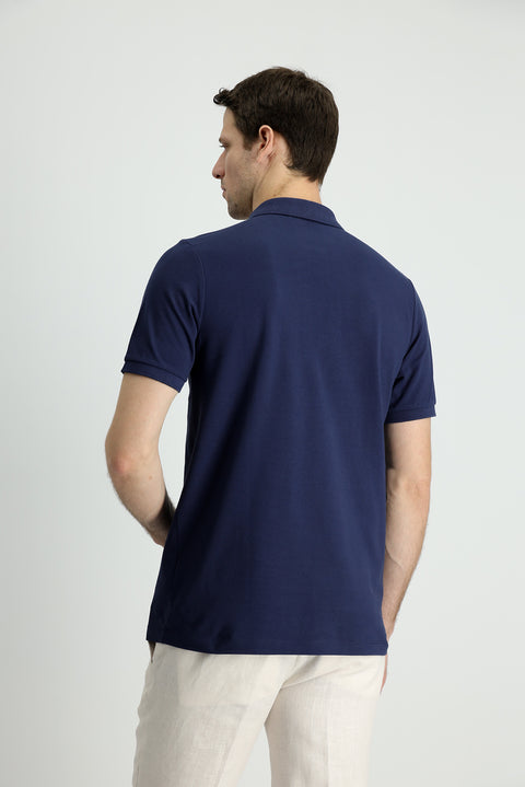 Koyu Lacivert Polo Yaka Slim Fit Dar Kesim Nakışlı Pamuk Tişört