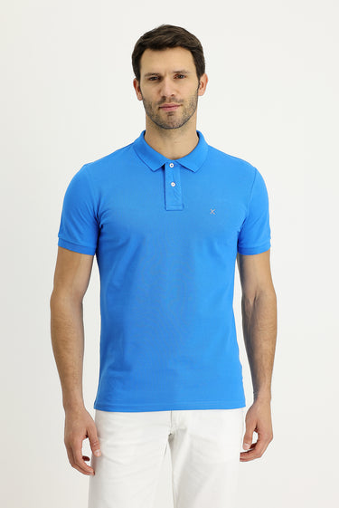 Su Mavisi Polo Yaka Slim Fit Dar Kesim Nakışlı Pamuk Tişört