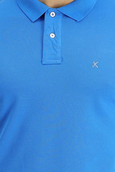 Su Mavisi Polo Yaka Slim Fit Dar Kesim Nakışlı Pamuk Tişört