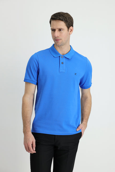 Çivit Mavisi Polo Yaka Slim Fit Dar Kesim Nakışlı Pamuk Tişört