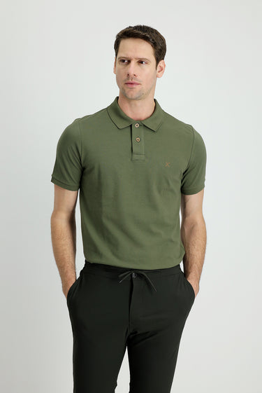 Orta Haki Polo Yaka Slim Fit Dar Kesim Nakışlı Pamuk Tişört