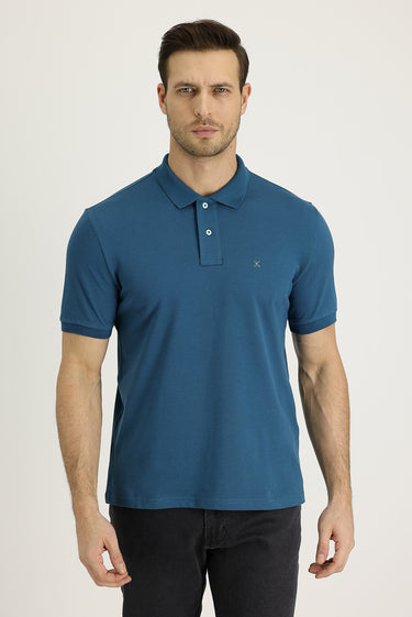 Orta Petrol Polo Yaka Slim Fit Dar Kesim Nakışlı Pamuk Tişört