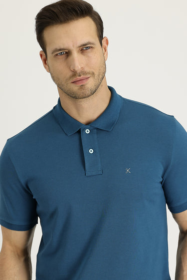 Orta Petrol Polo Yaka Slim Fit Dar Kesim Nakışlı Pamuk Tişört