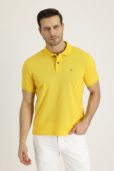 Koyu Sarı Polo Yaka Slim Fit Dar Kesim Nakışlı Pamuk Tişört
