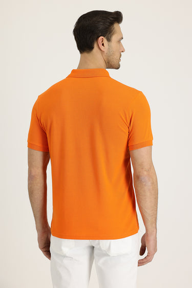 Orta Turuncu Polo Yaka Slim Fit Dar Kesim Nakışlı Pamuk Tişört