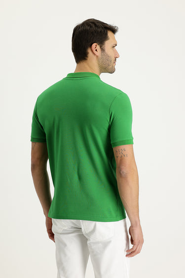 Çimen Yeşili Polo Yaka Slim Fit Dar Kesim Nakışlı Pamuk Tişört