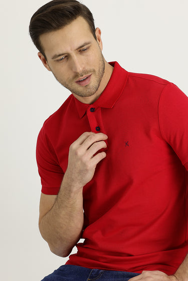 Bayrak Kırmızı Polo Yaka Slim Fit Dar Kesim Nakışlı Pamuk Tişört