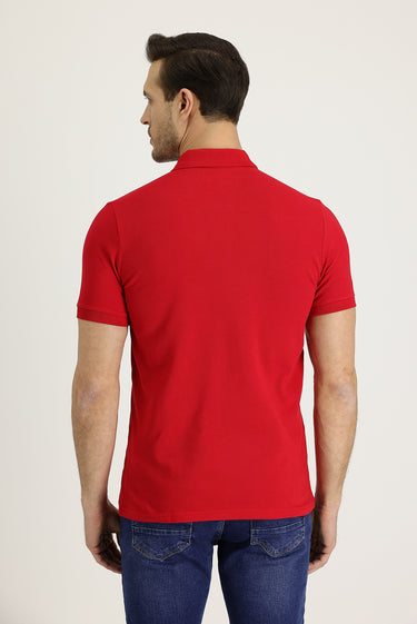 Bayrak Kırmızı Polo Yaka Slim Fit Dar Kesim Nakışlı Pamuk Tişört