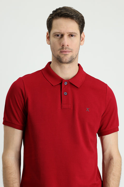 Koyu Kırmızı Polo Yaka Slim Fit Dar Kesim Nakışlı Pamuk Tişört