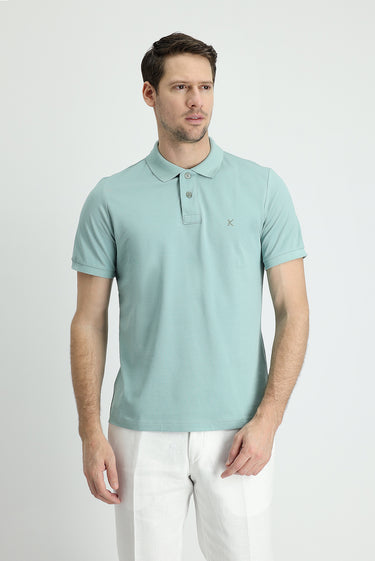 Su Yeşili Polo Yaka Slim Fit Dar Kesim Nakışlı Pamuk Tişört