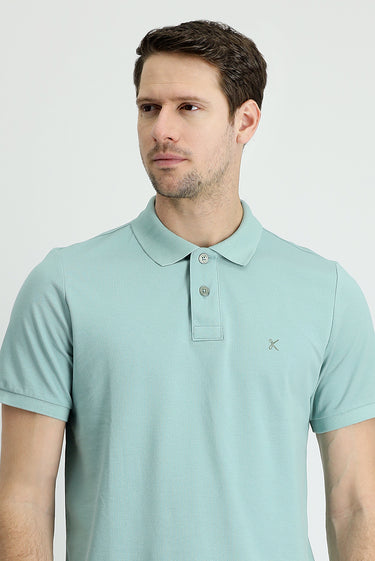 Su Yeşili Polo Yaka Slim Fit Dar Kesim Nakışlı Pamuk Tişört