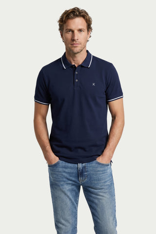 Orta Lacivert Polo Yaka Slim Fit Yumuşak Dokulu Nakışlı Pamuklu Likralı Esnek Tişört