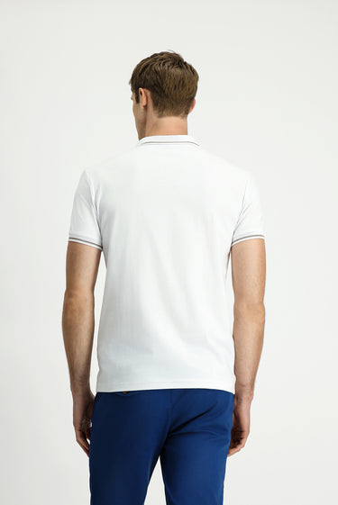 Beyaz Polo Yaka Slim Fit Dar Kesim Nakışlı Süprem Pamuklu Tişört