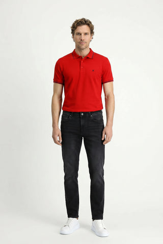 Koyu Kırmızı Polo Yaka Slim Fit Yumuşak Dokulu Nakışlı Pamuklu Likralı Esnek Tişört