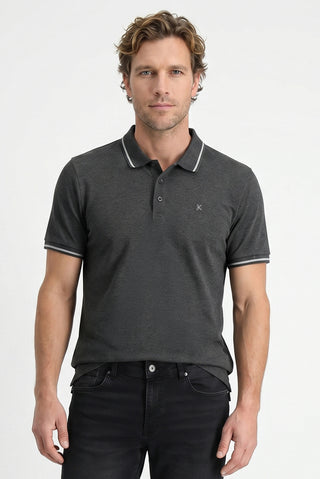 Koyu Antrasit Polo Yaka Slim Fit Yumuşak Dokulu Nakışlı Pamuklu Likralı Esnek Tişört