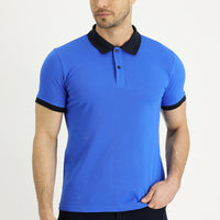 Saks Mavi Polo Yaka Slim Fit Dar Kesim Desenli Pamuk Tişört